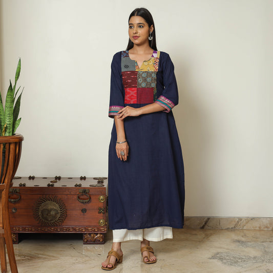 Blue - Dharwad Cotton A-Line Kurta with Patchwork 06