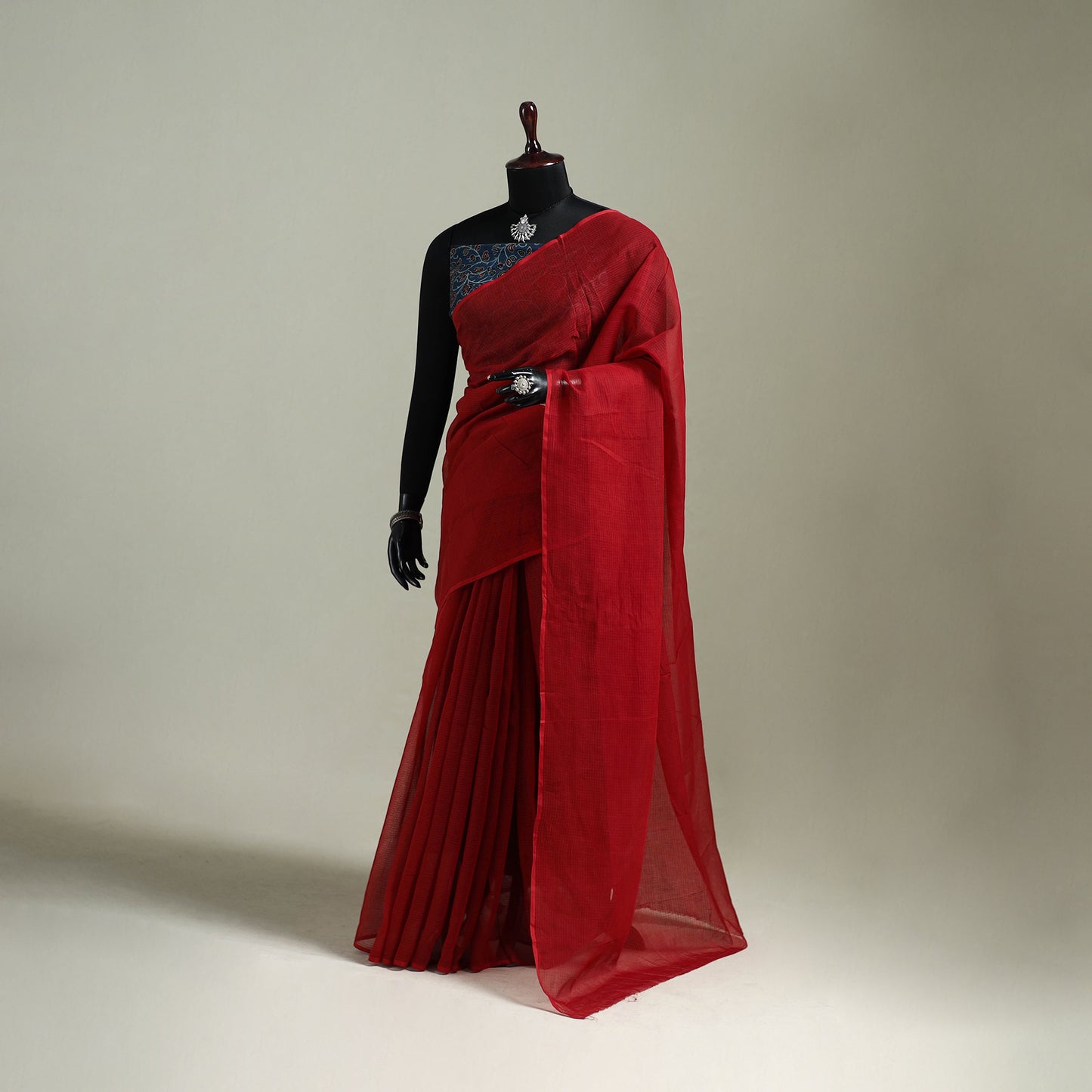Red - Nazaakat Kota Doria Cotton Plain Saree with Blouse & Jewellery Set 150