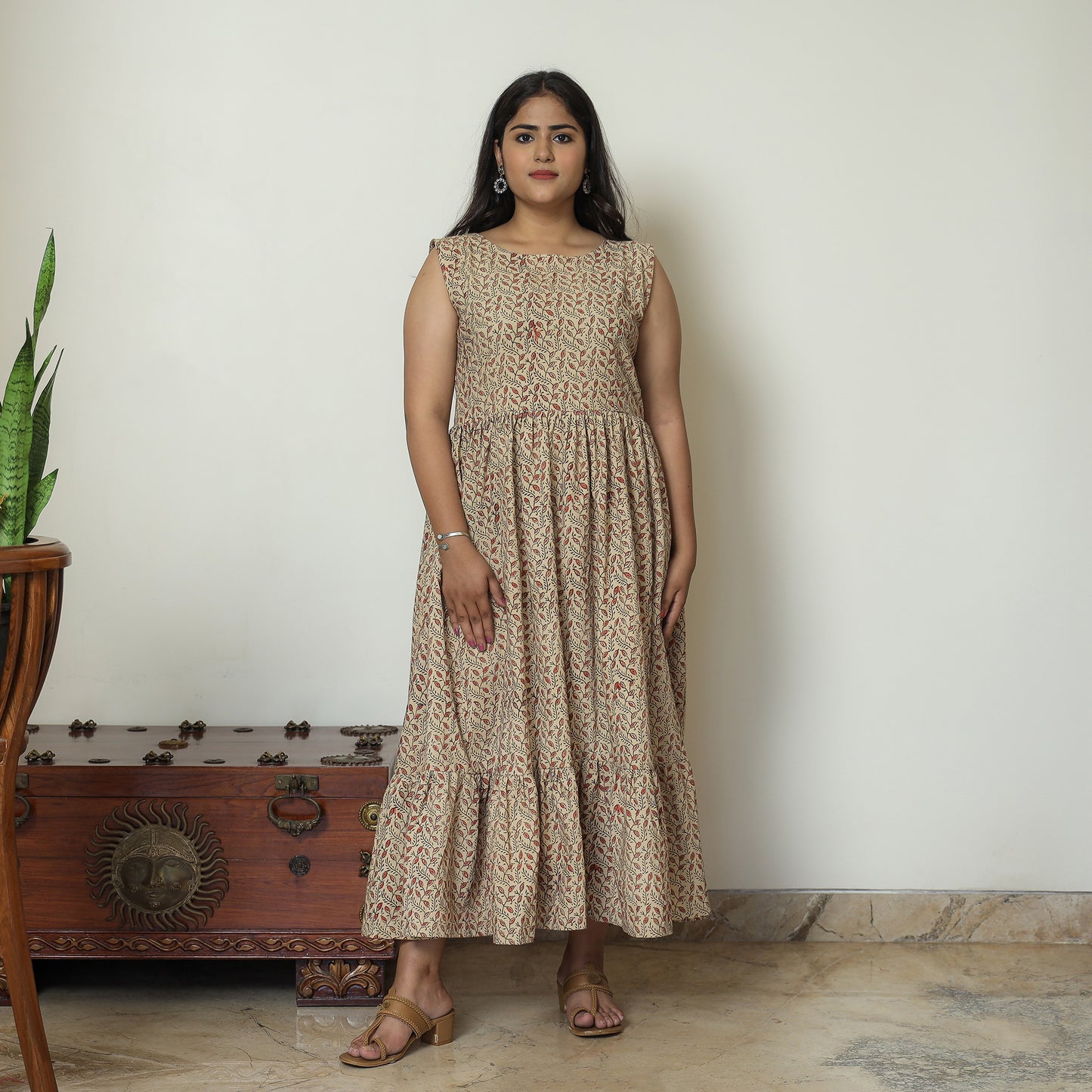 Beige - Pedana Kalamkari Block Printed Cotton Tiered Dress 15