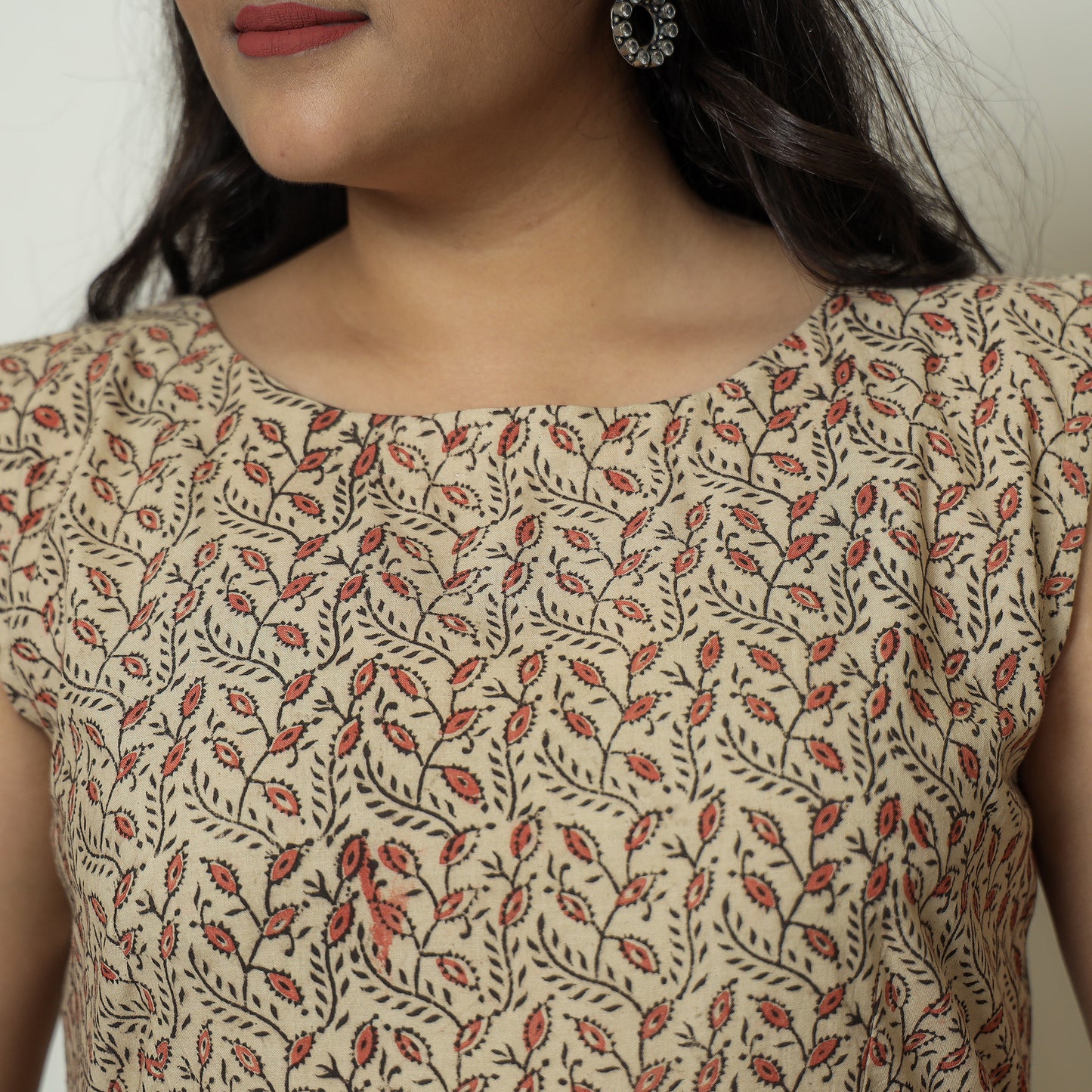 Beige - Pedana Kalamkari Block Printed Cotton Tiered Dress 15