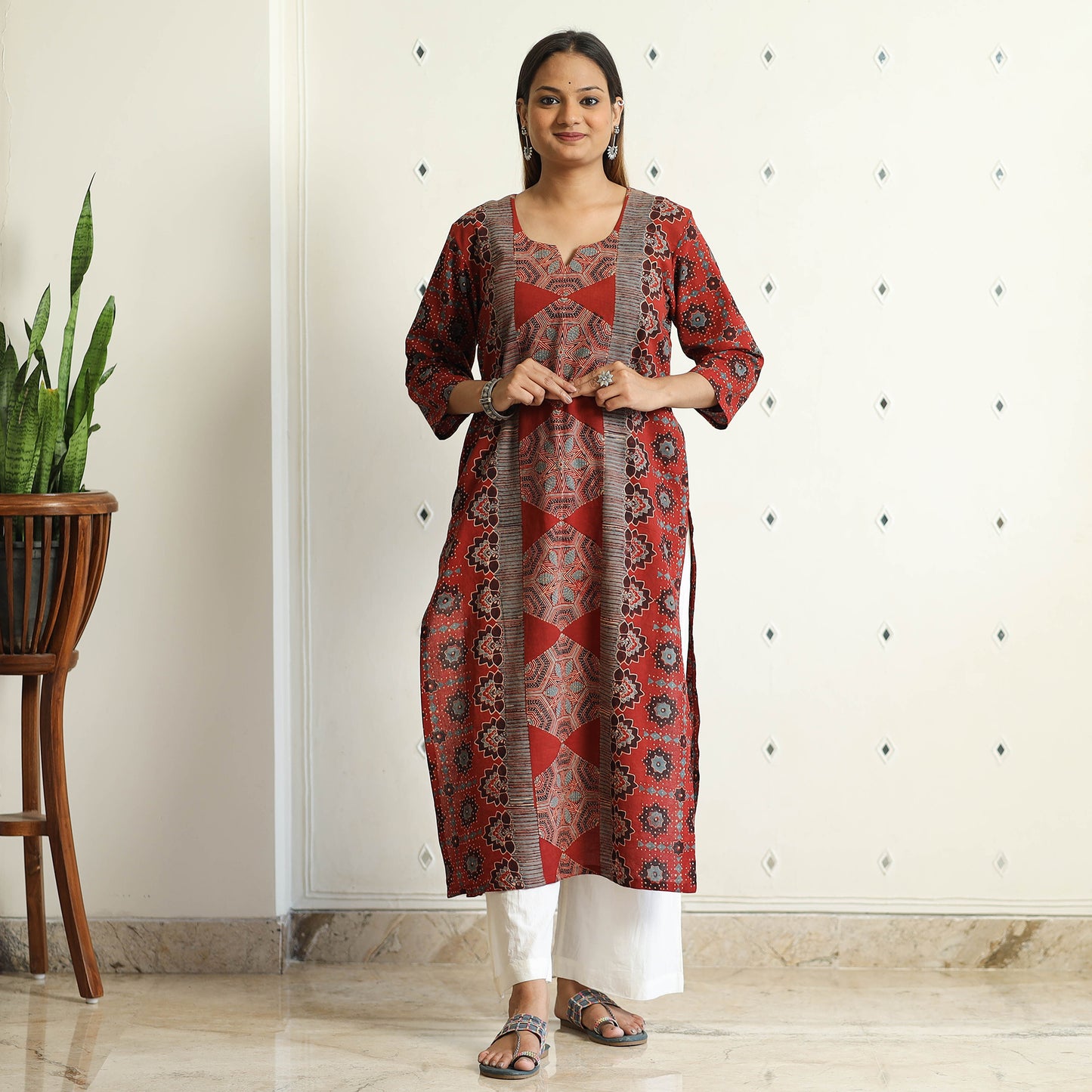 Ajrakh Block Printed Cotton Straight Kurta for Women