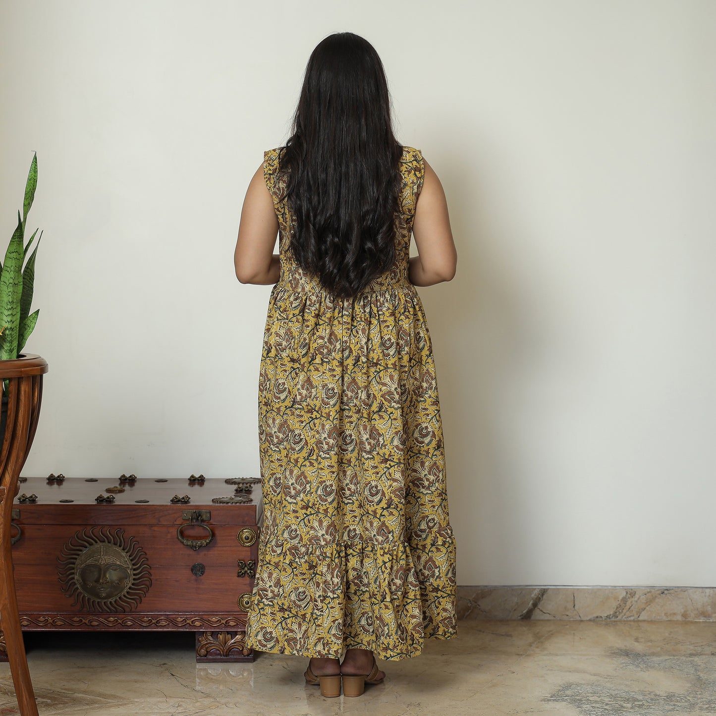 Yellow - Pedana Kalamkari Block Printed Cotton Tiered Dress 14