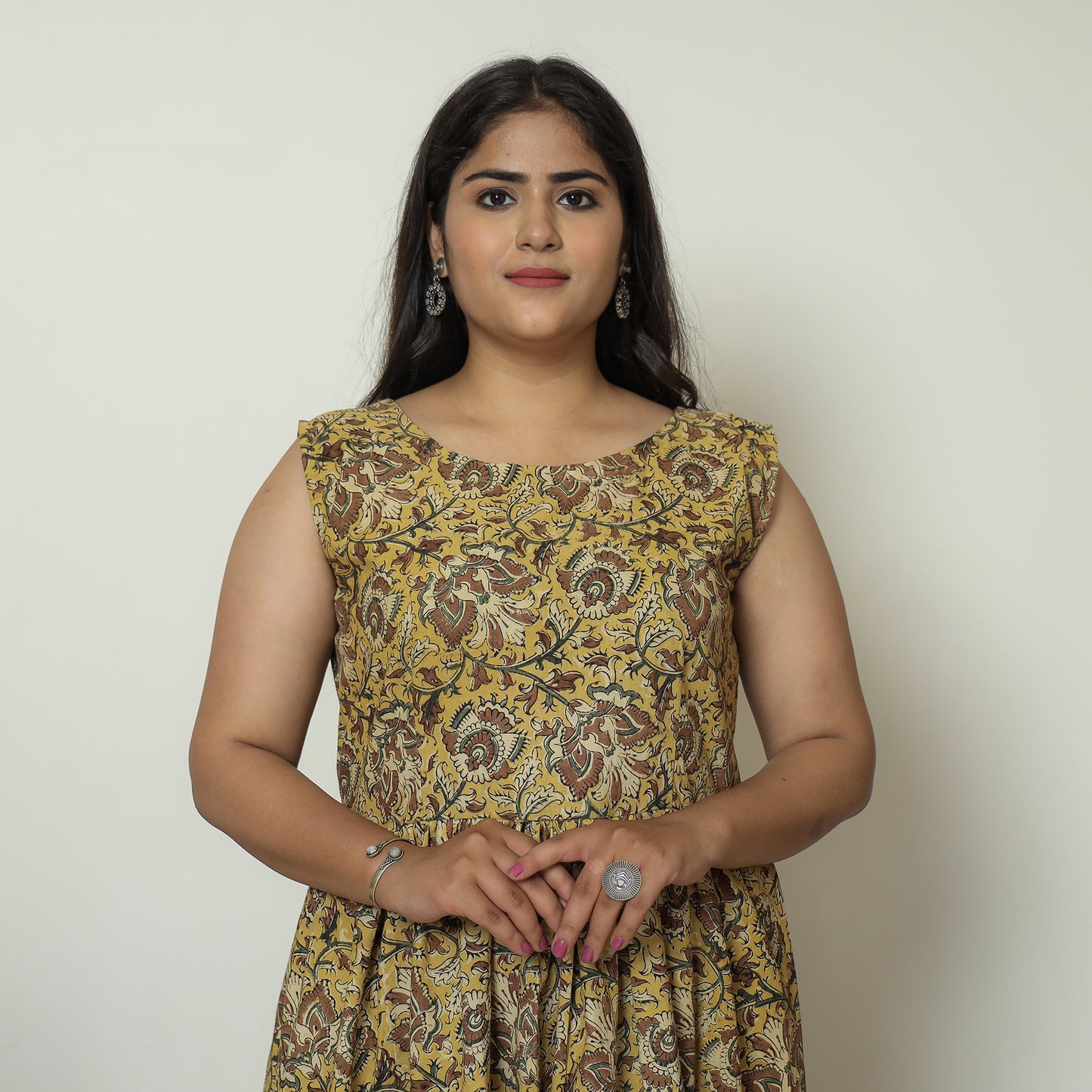 Yellow - Pedana Kalamkari Block Printed Cotton Tiered Dress 14
