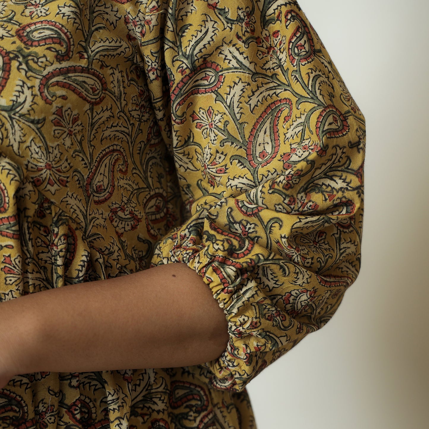 Yellow - Pedana Kalamkari Block Printed Cotton Flared Gher Dress 09
