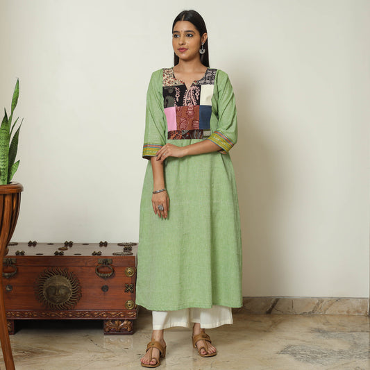 Green - Dharwad Cotton A-Line Kurta with Patchwork 07