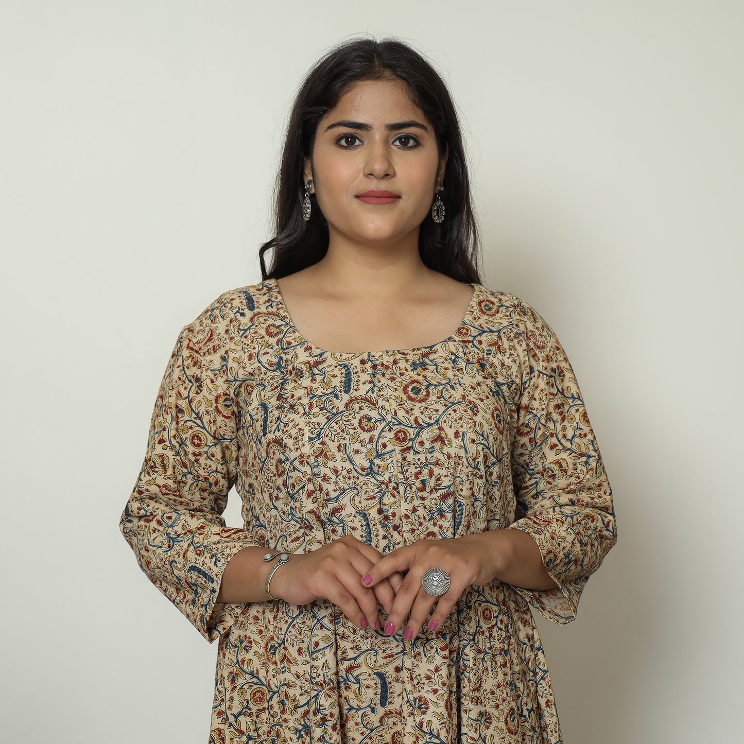 Beige - Pedana Kalamkari Block Printed Cotton Tiered Dress 05