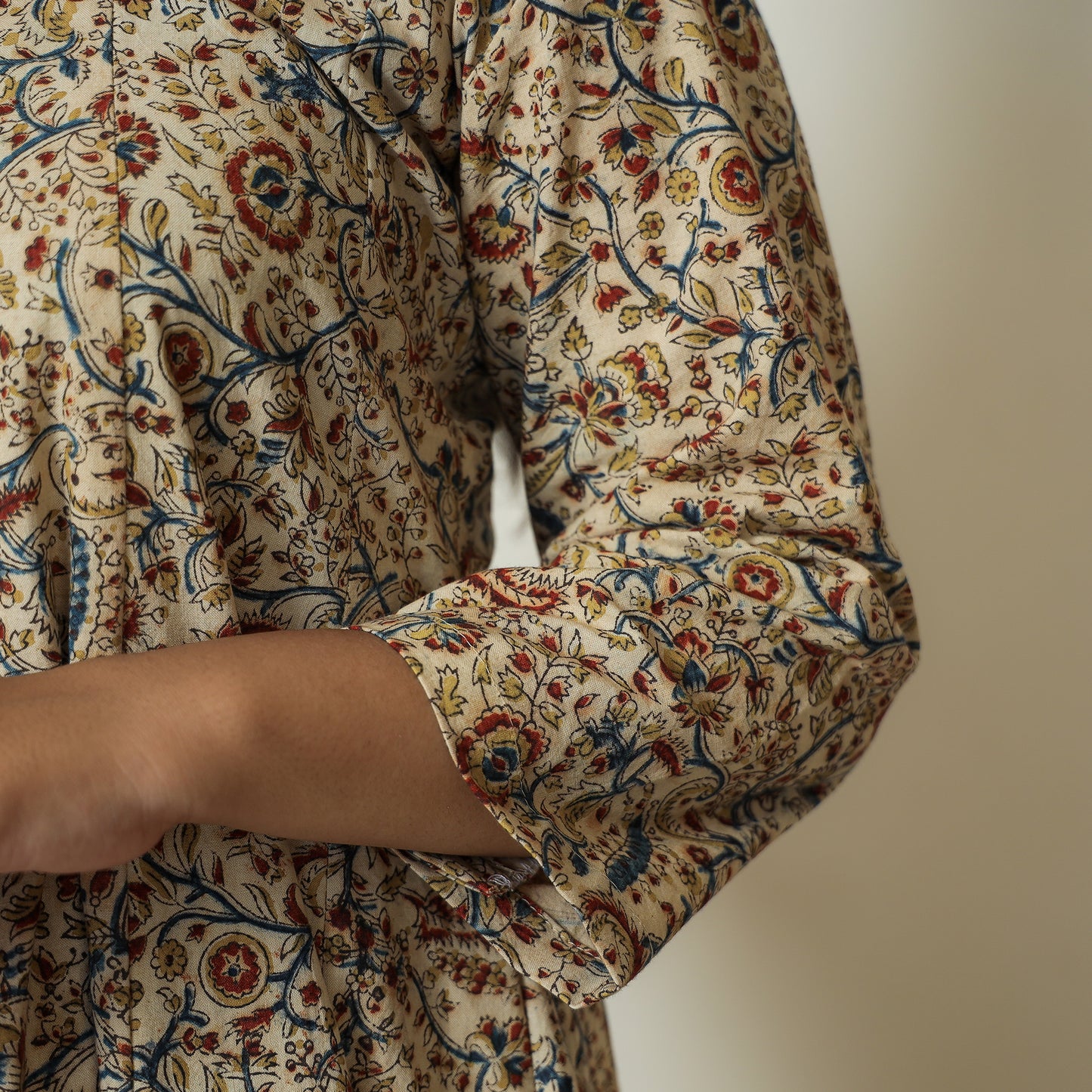 Beige - Pedana Kalamkari Block Printed Cotton Tiered Dress 05