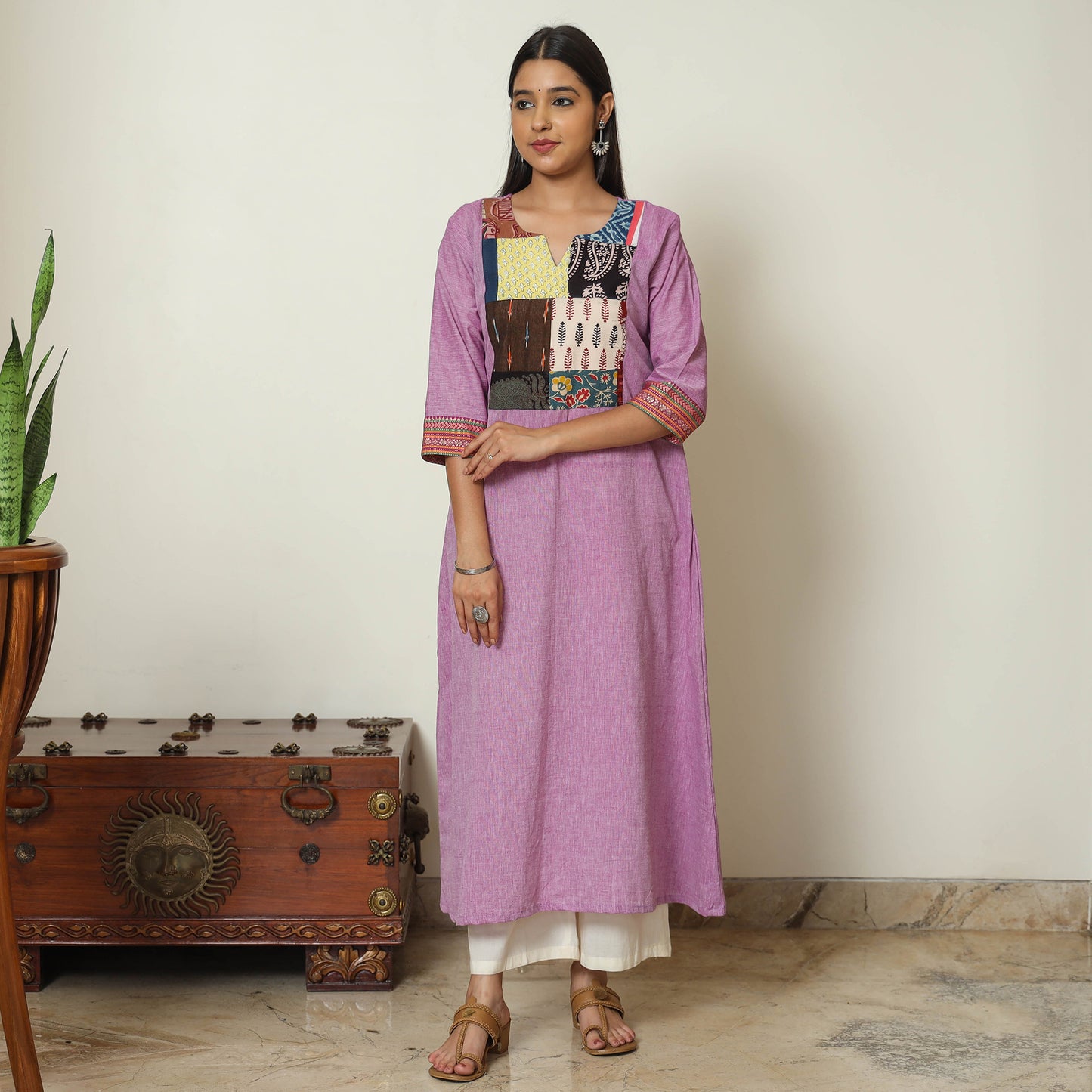 Purple - Dharwad Cotton A-Line Kurta with Patchwork 08
