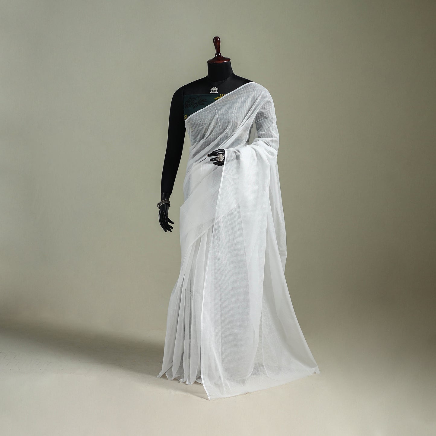 White - Nazaakat Kota Doria Cotton Plain Saree with Blouse & Jewellery Set 161
