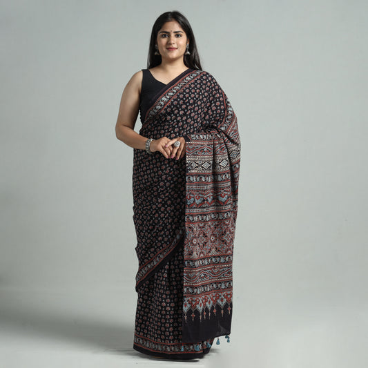 Black - Ajrakh Block Printed Mul Cotton Natural Dyed Saree with Blouse Piece 02