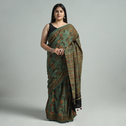 Green - Ajrakh Block Printed Mul Cotton Natural Dyed Saree with Blouse Piece 04