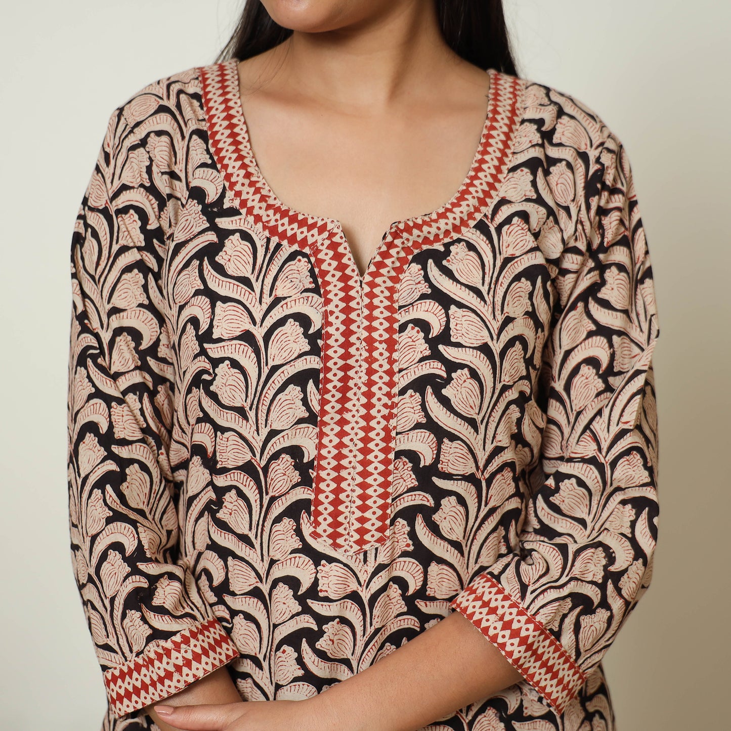 Beige - Bagru Block Printed Cotton Kurta with Palazzo & Kota Doria Dupatta Set 12