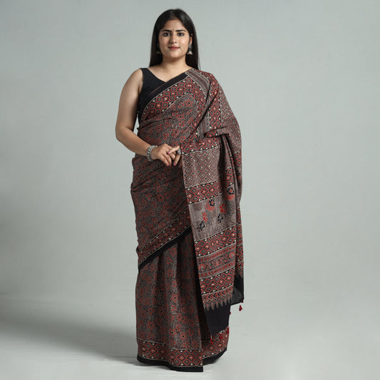 Maroon - Ajrakh Block Printed Mul Cotton Natural Dyed Saree with Blouse Piece 05
