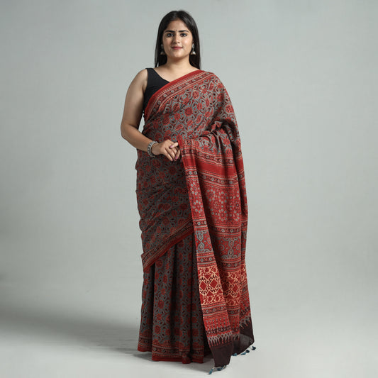 Red - Ajrakh Block Printed Mul Cotton Natural Dyed Saree with Blouse Piece 06