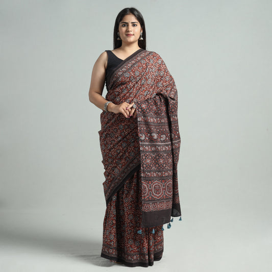 Ajrakh Block Printed Mul Cotton Natural Dyed Saree with Blouse Piece 07