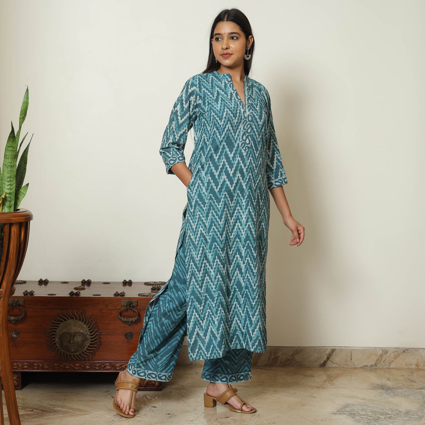 Blue - Bagru Block Printed Cotton Kurta with Palazzo & Kota Doria Dupatta Set 09
