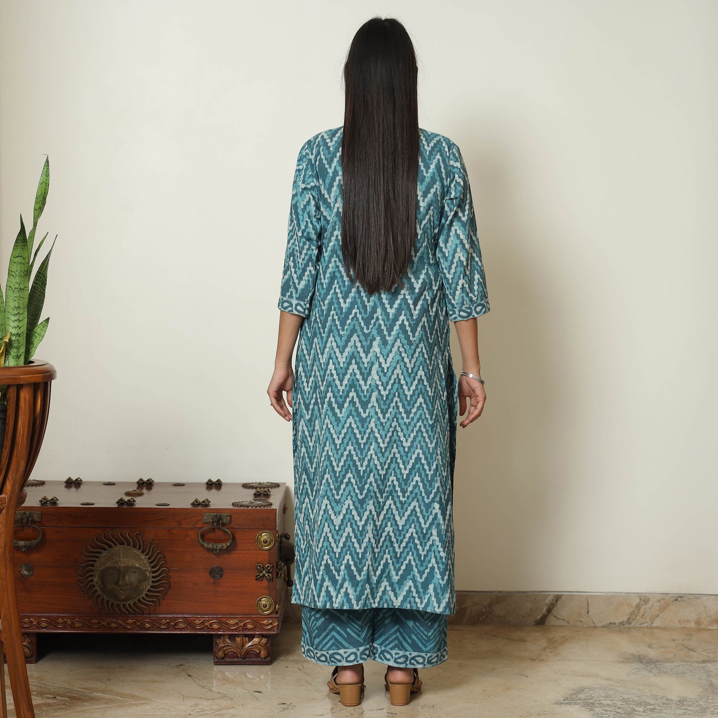 Blue - Bagru Block Printed Cotton Kurta with Palazzo & Kota Doria Dupatta Set 09