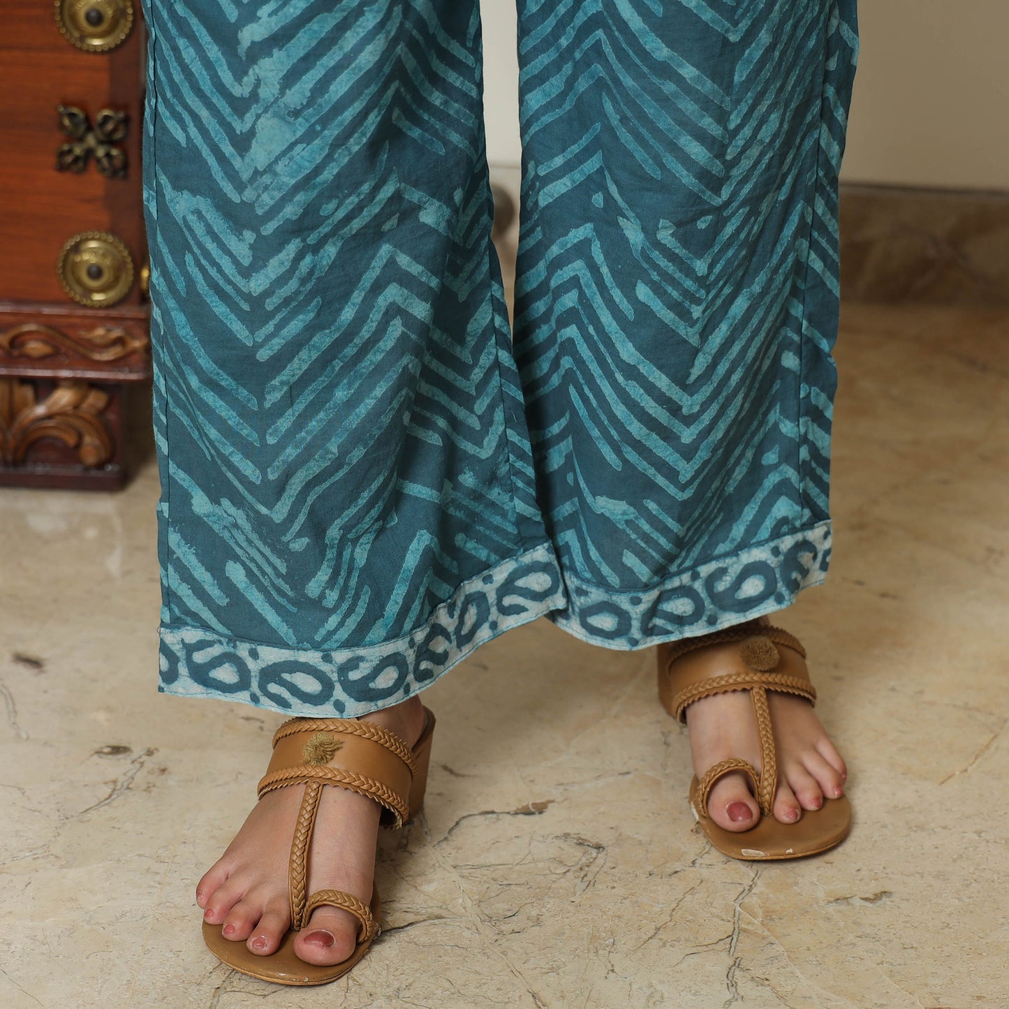 Blue - Bagru Block Printed Cotton Kurta with Palazzo & Kota Doria Dupatta Set 09