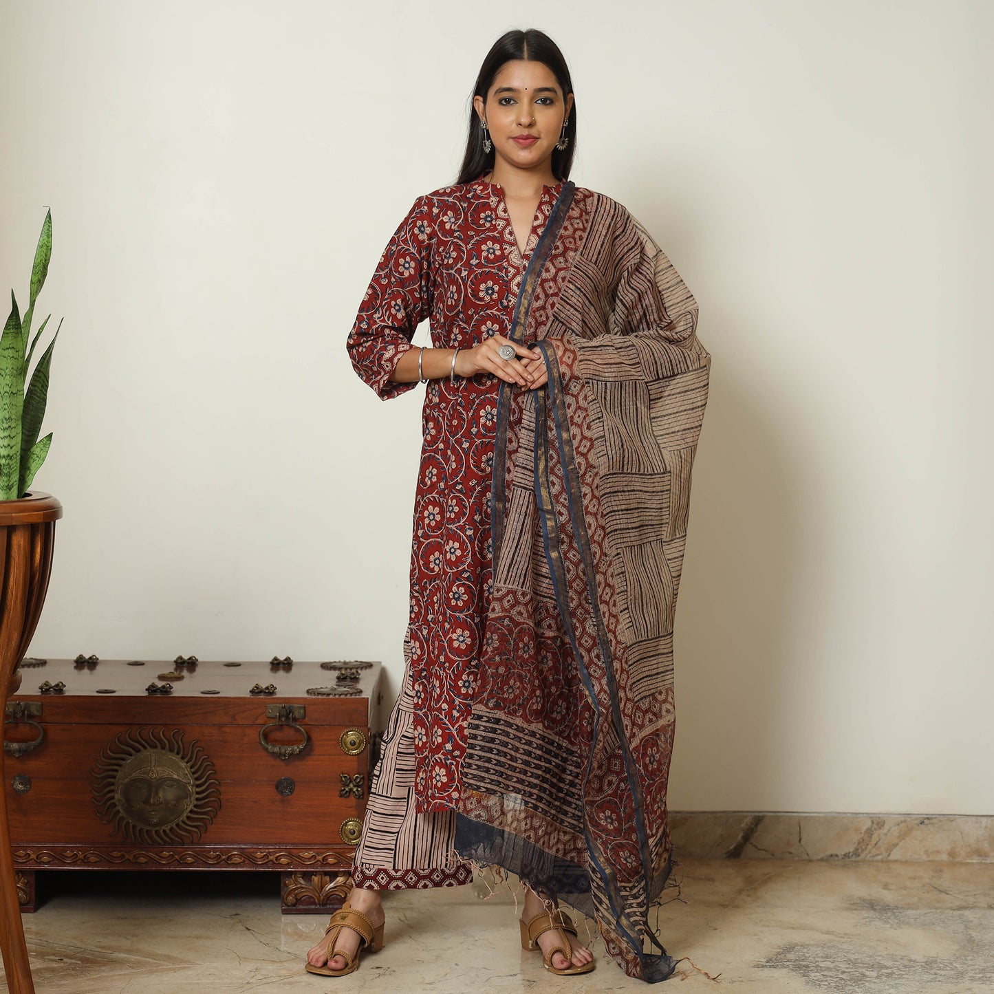 Red - Bagru Block Printed Cotton Kurta with Palazzo & Kota Doria Dupatta Set 10
