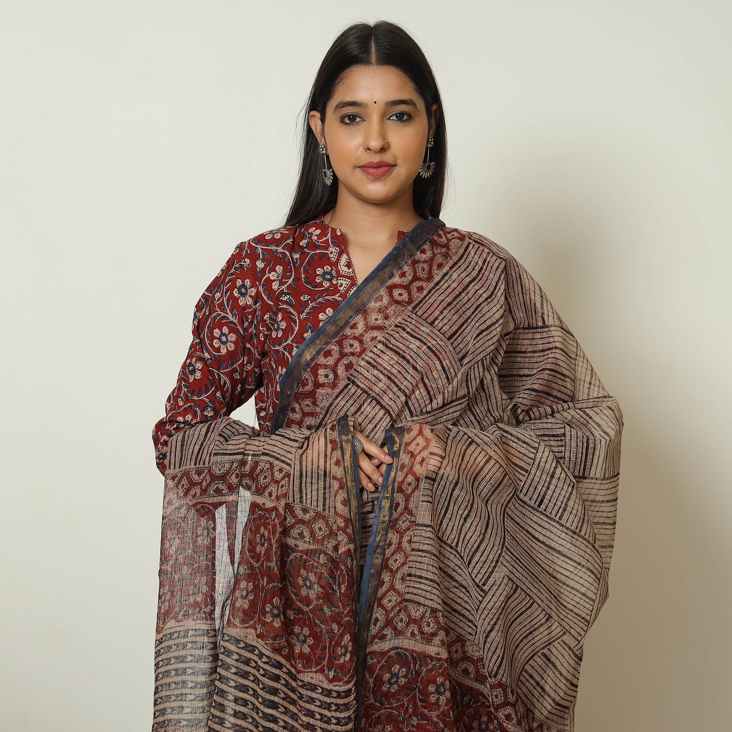 Red - Bagru Block Printed Cotton Kurta with Palazzo & Kota Doria Dupatta Set 10
