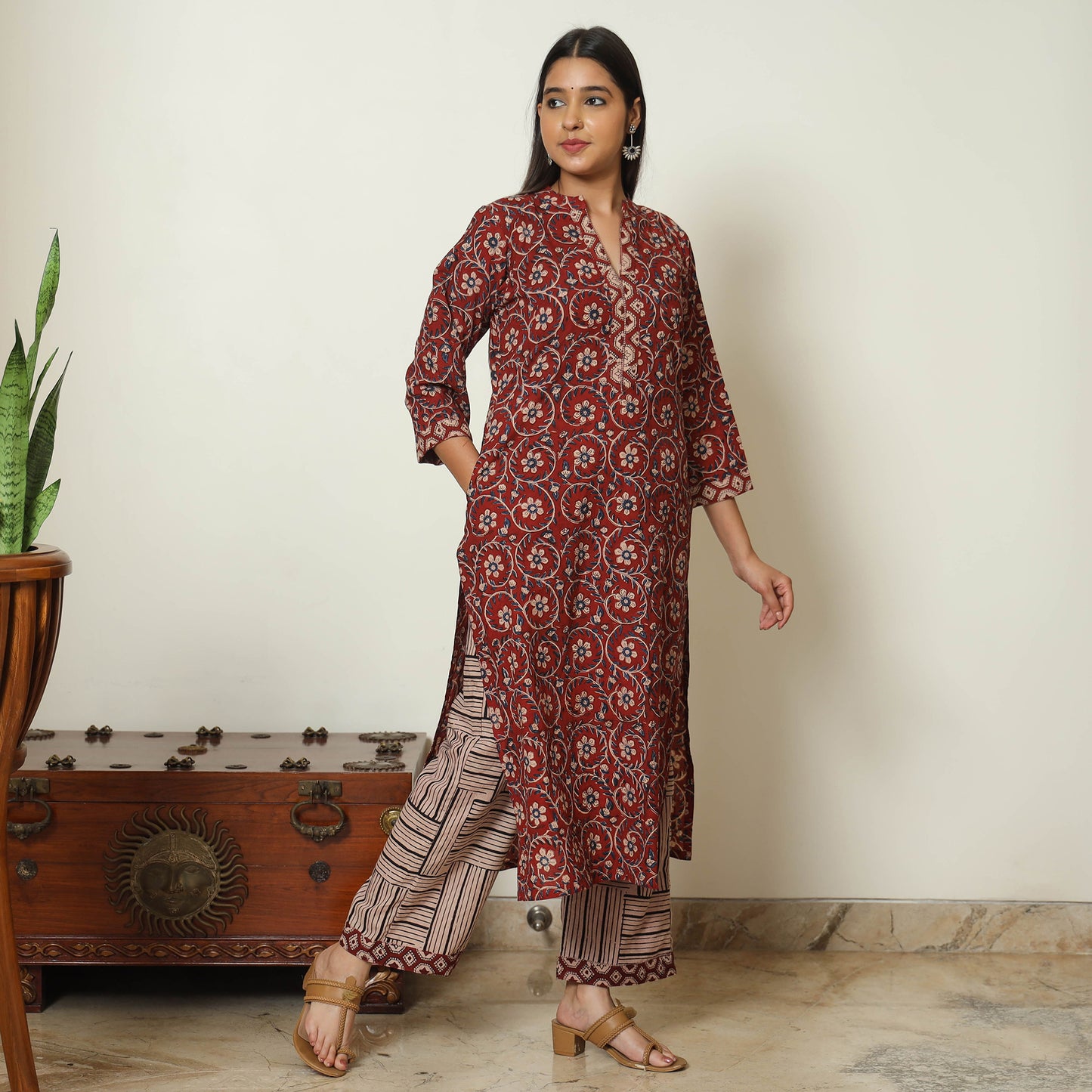 Red - Bagru Block Printed Cotton Kurta with Palazzo & Kota Doria Dupatta Set 10