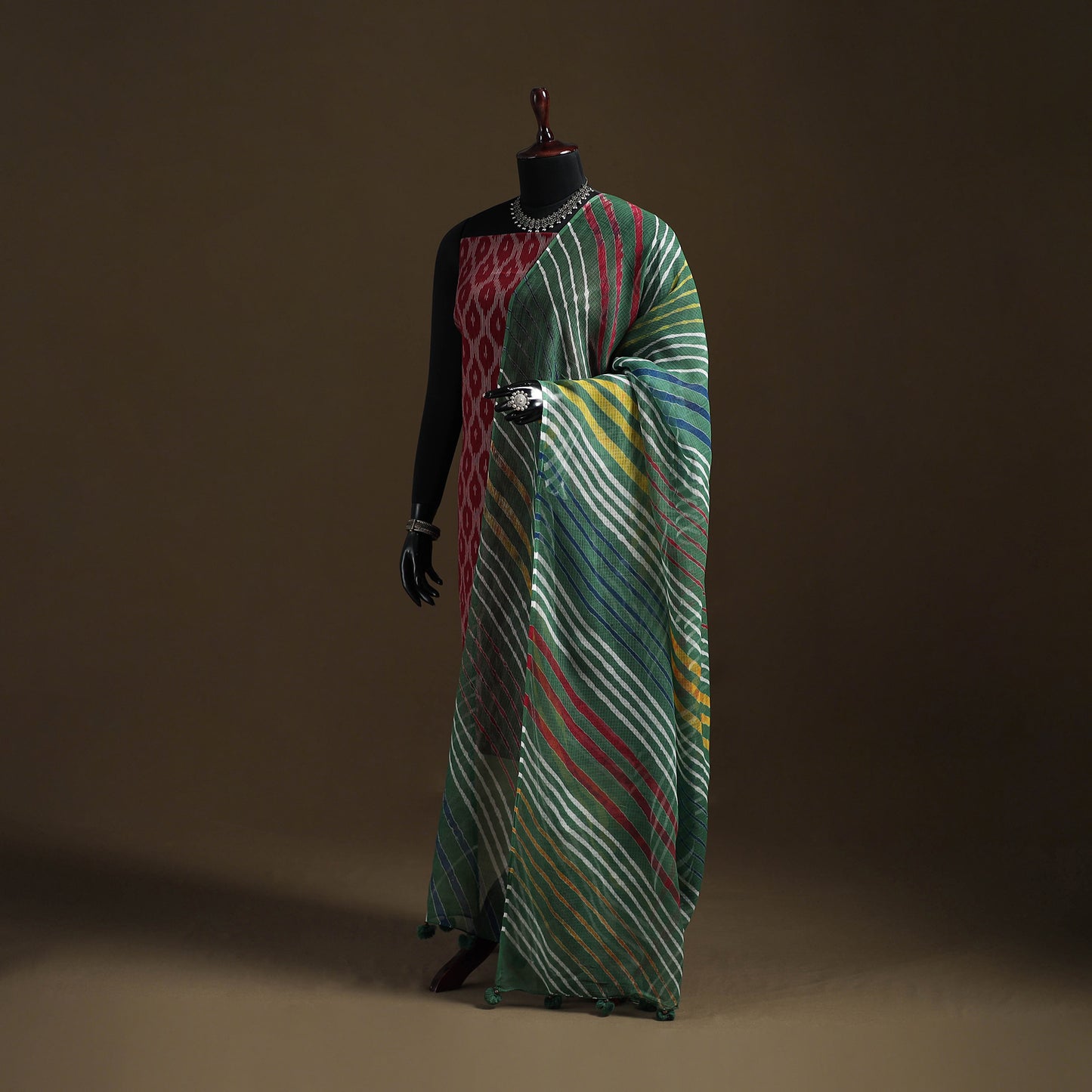 Green - Kota Doria Cotton Tie-Dye Leheriya Dupatta with Tassels 04