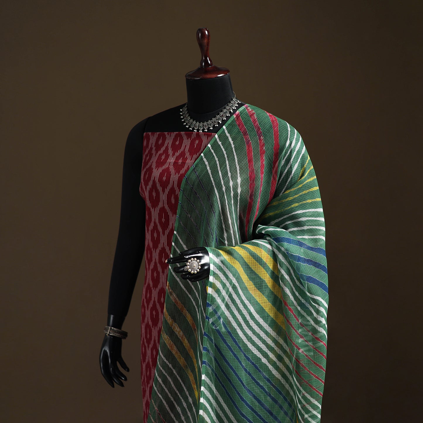 Green - Kota Doria Cotton Tie-Dye Leheriya Dupatta with Tassels 04