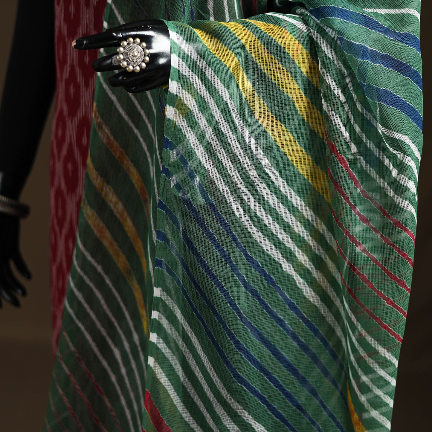 Green - Kota Doria Cotton Tie-Dye Leheriya Dupatta with Tassels 04