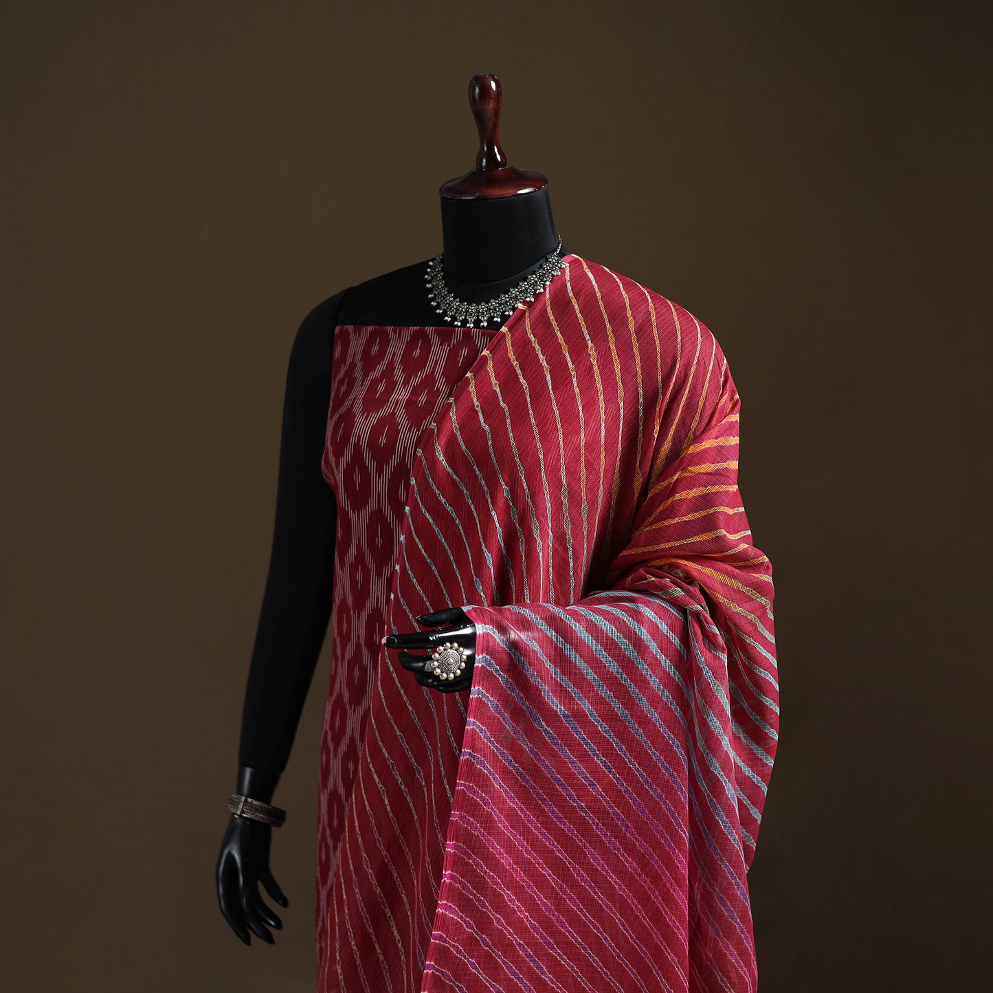 Red - Kota Doria Cotton Tie-Dye Leheriya Dupatta with Tassels 08