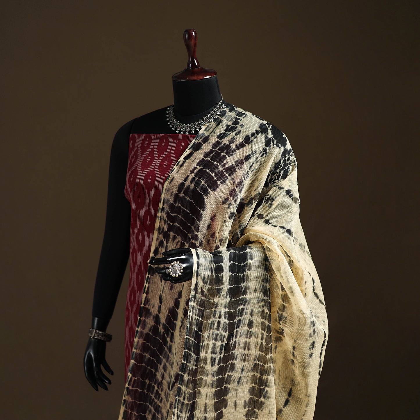 Beige - Kota Doria Cotton Tie-Dye Shibori Dupatta with Tassels 13