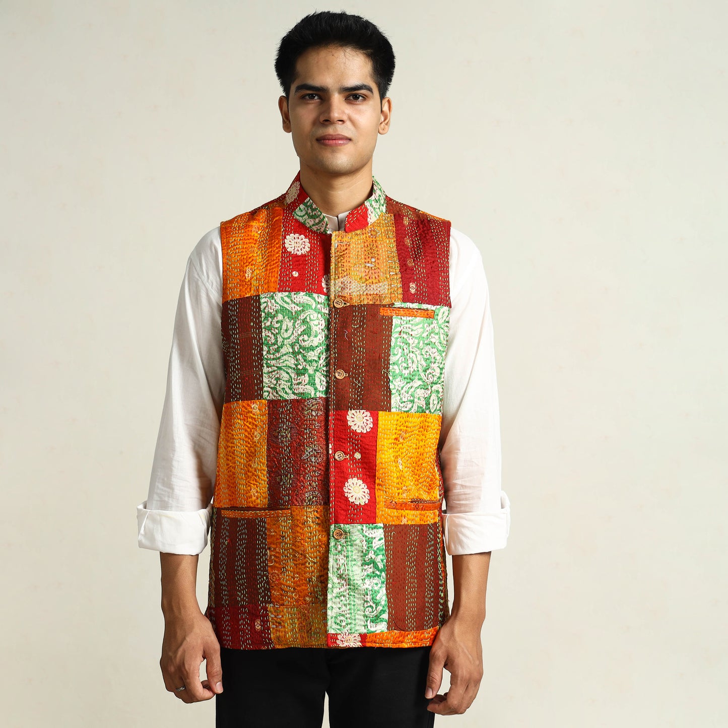 Multicolor Kantha Embroidery Silk Patchwork Nehru Jacket