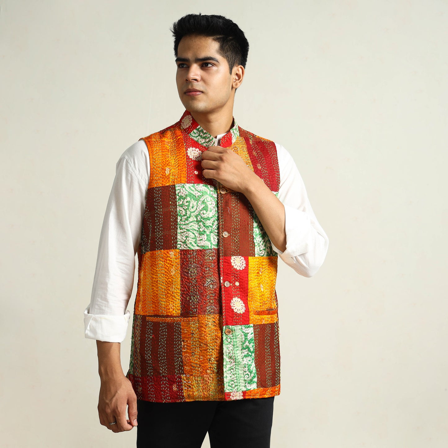 Multicolor Kantha Embroidery Silk Patchwork Nehru Jacket