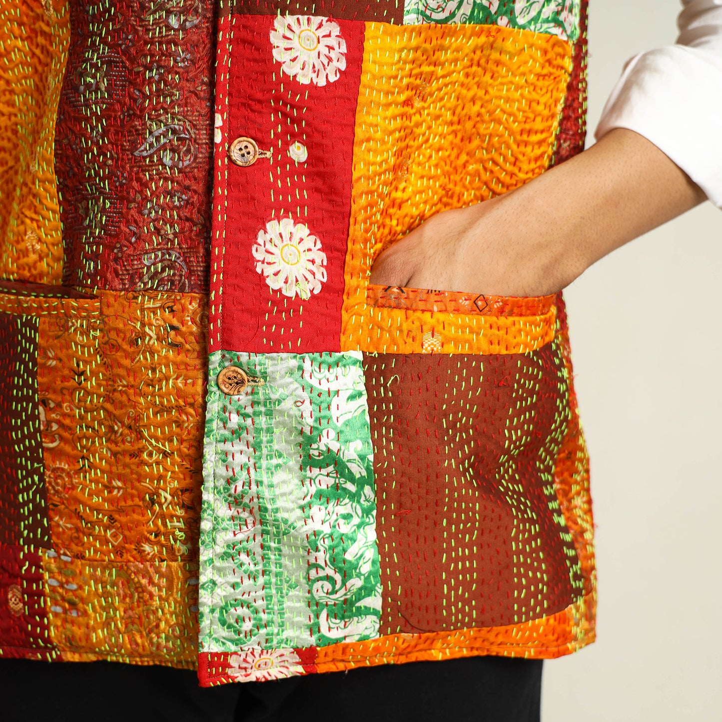 Multicolor Kantha Embroidery Silk Patchwork Nehru Jacket