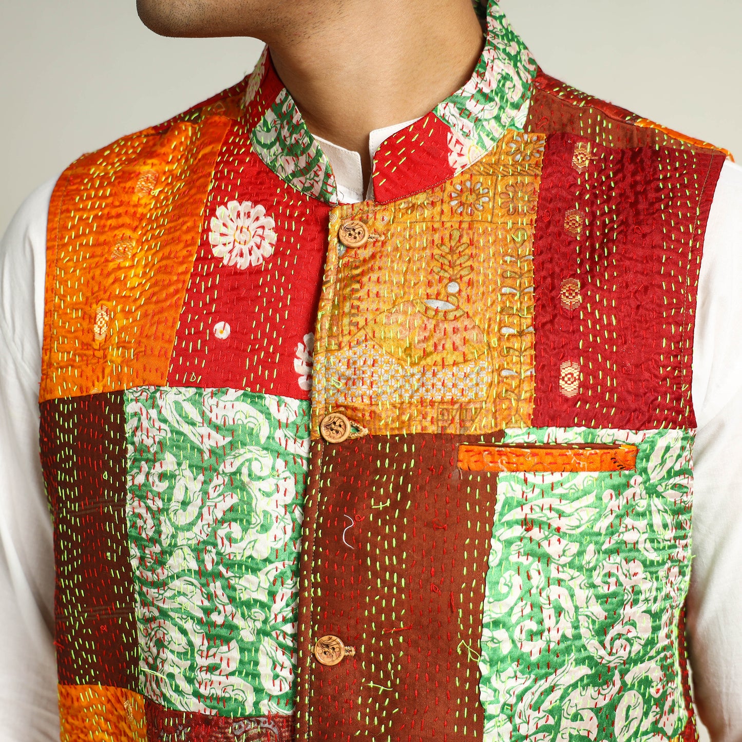 Multicolor Kantha Embroidery Silk Patchwork Nehru Jacket