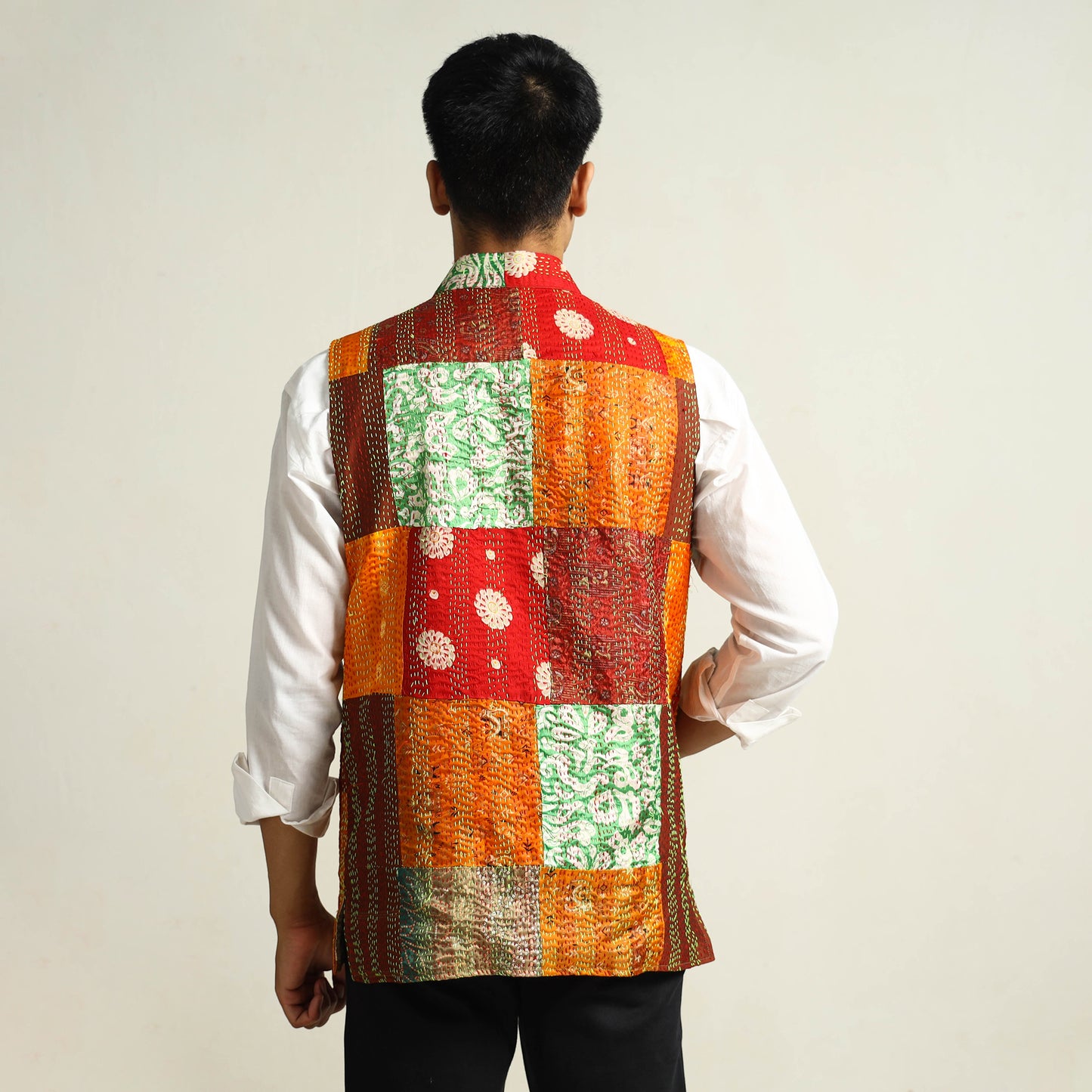 Multicolor Kantha Embroidery Silk Patchwork Nehru Jacket