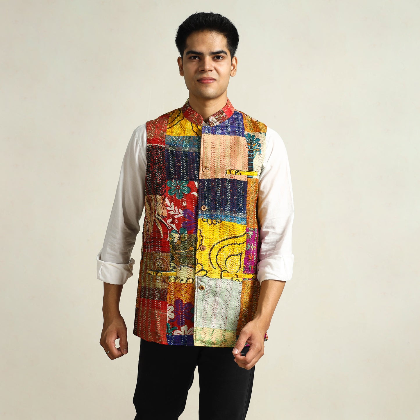 Multicolor Kantha Embroidery Silk Patchwork Nehru Jacket