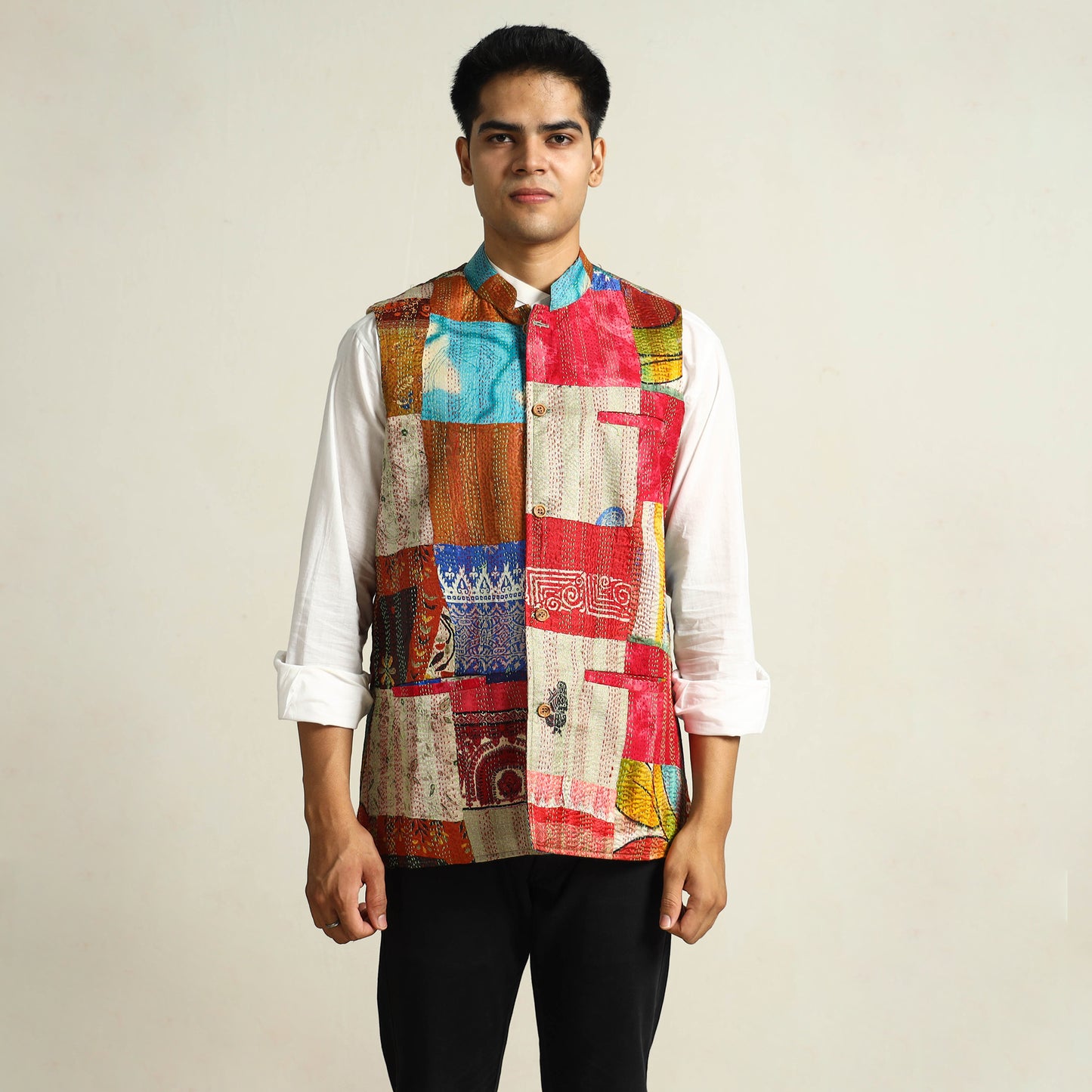 Multicolor Kantha Embroidery Silk Patchwork Nehru Jacket