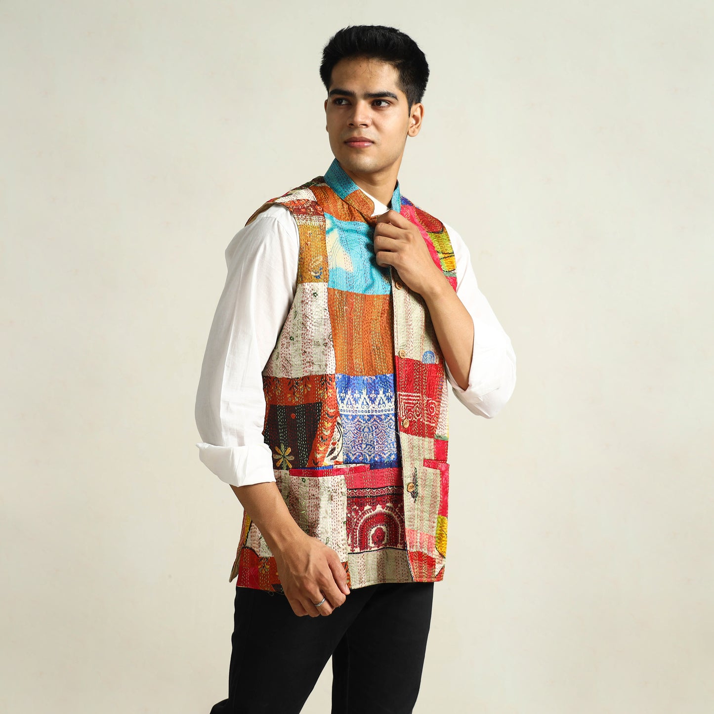 Multicolor Kantha Embroidery Silk Patchwork Nehru Jacket