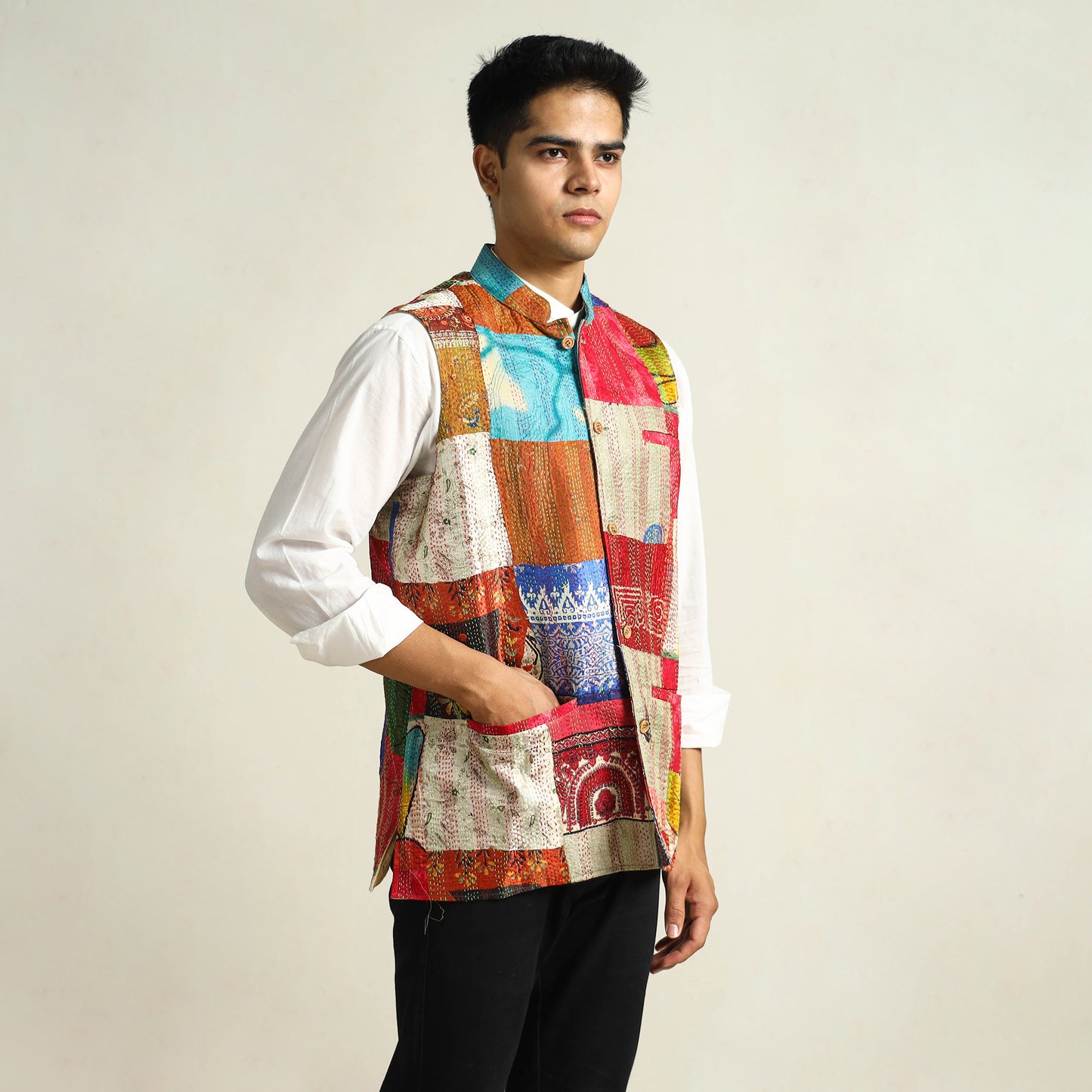Multicolor Kantha Embroidery Silk Patchwork Nehru Jacket