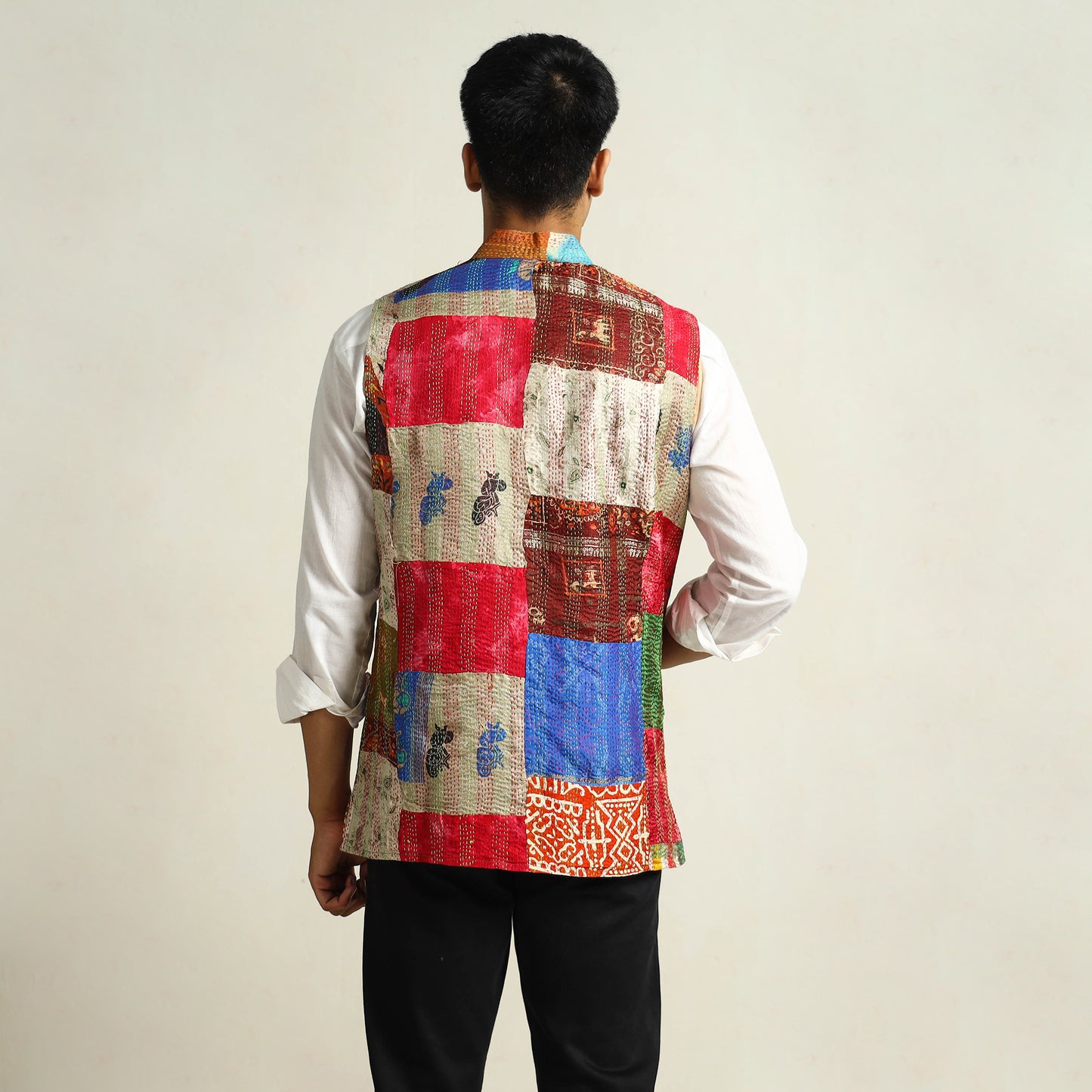 Multicolor Kantha Embroidery Silk Patchwork Nehru Jacket