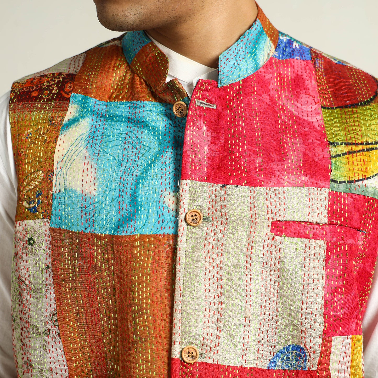 Multicolor Kantha Embroidery Silk Patchwork Nehru Jacket