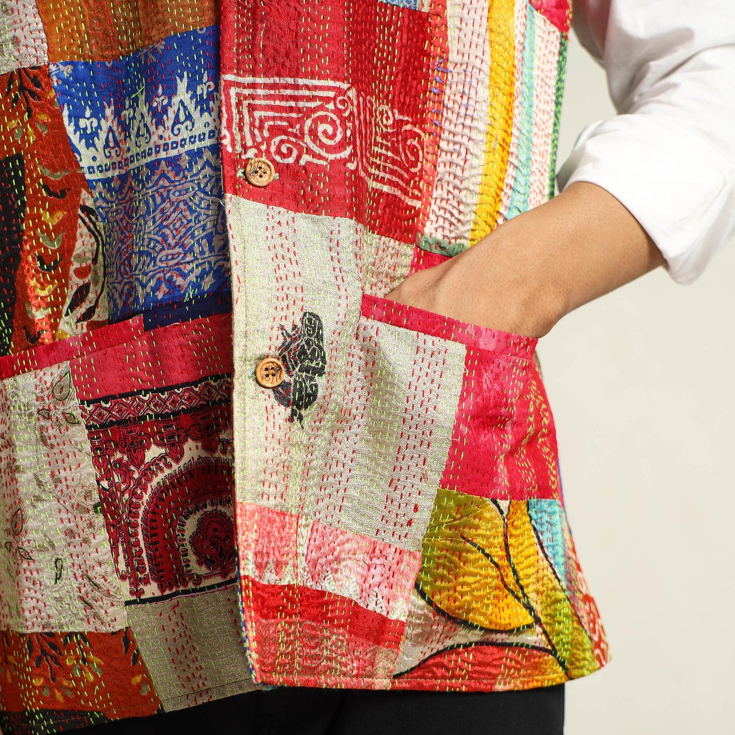 Multicolor Kantha Embroidery Silk Patchwork Nehru Jacket