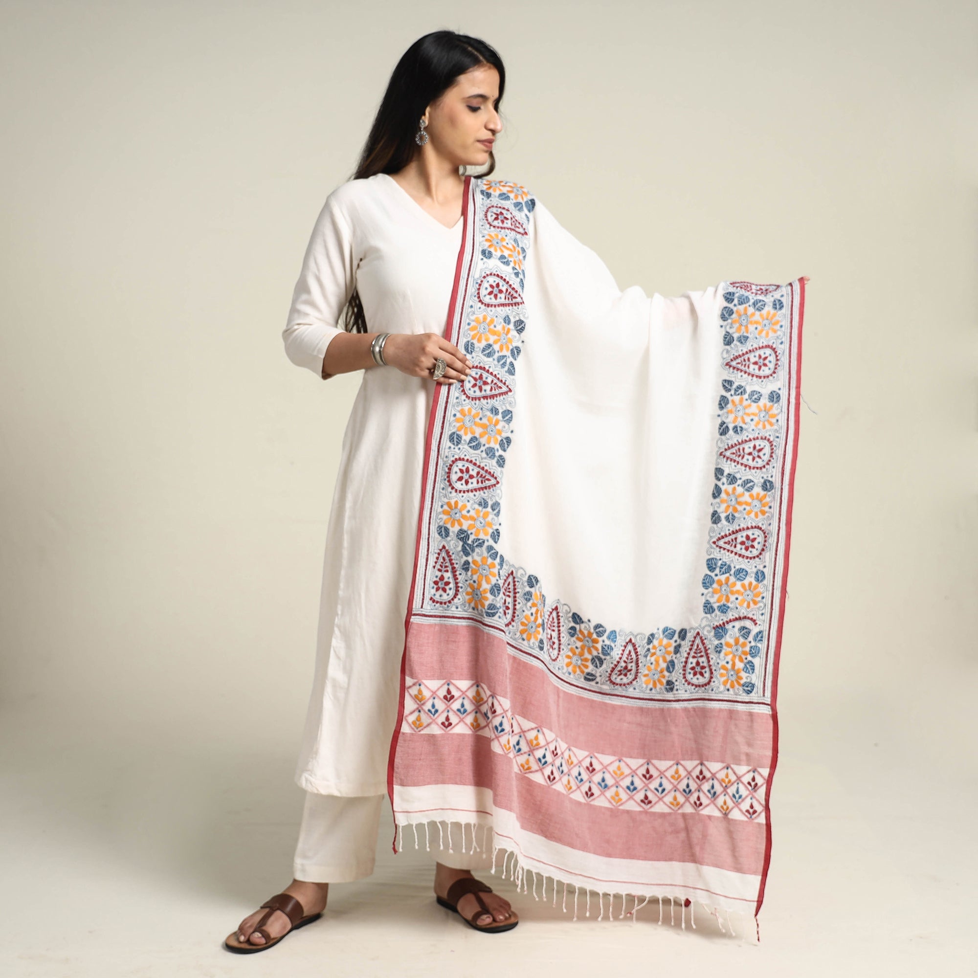 Purple - Bengal Kantha Hand Embroidery Cotton Handloom Dupatta 109