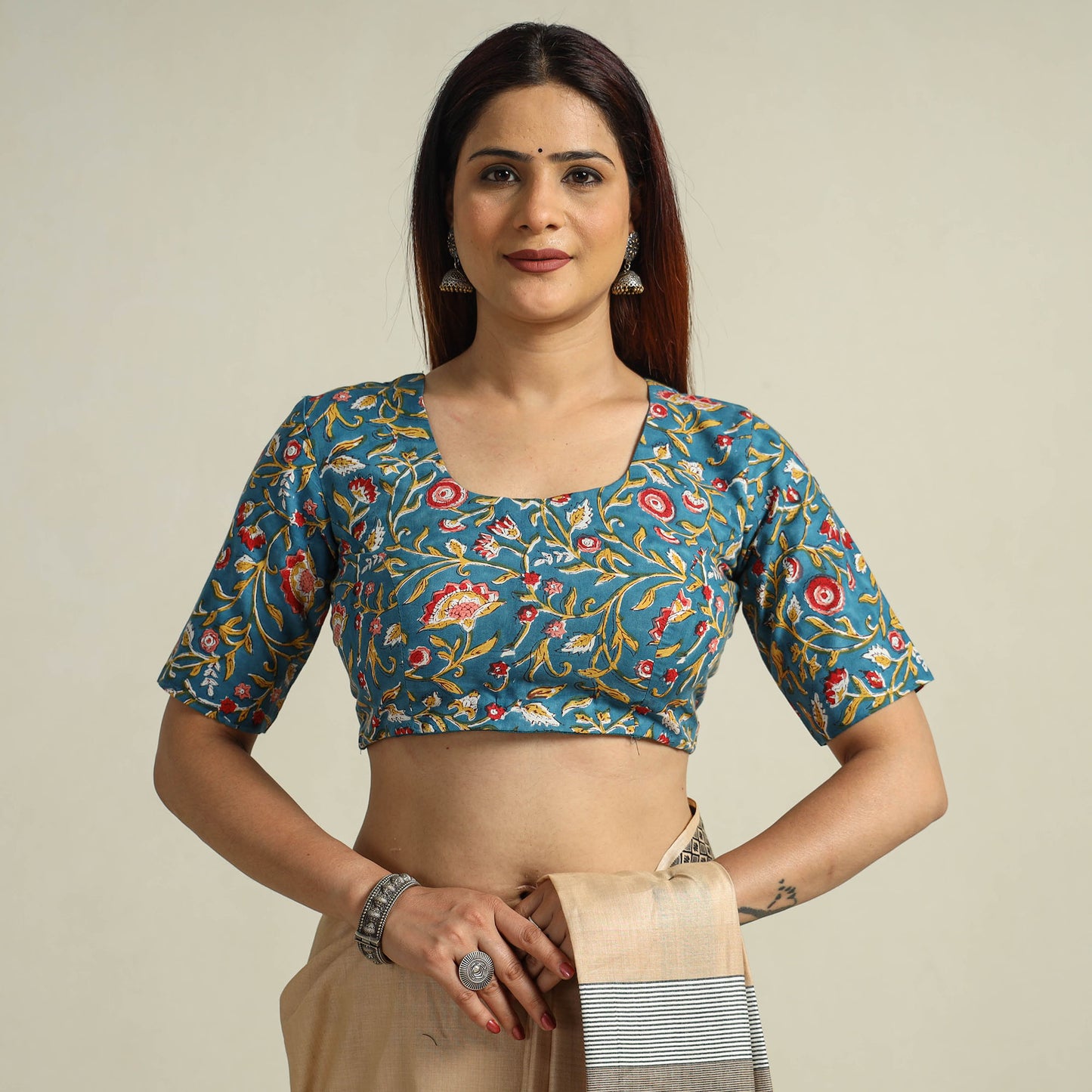 Buy Blue Sanganeri Block Printed Cotton Stitched Blouse
