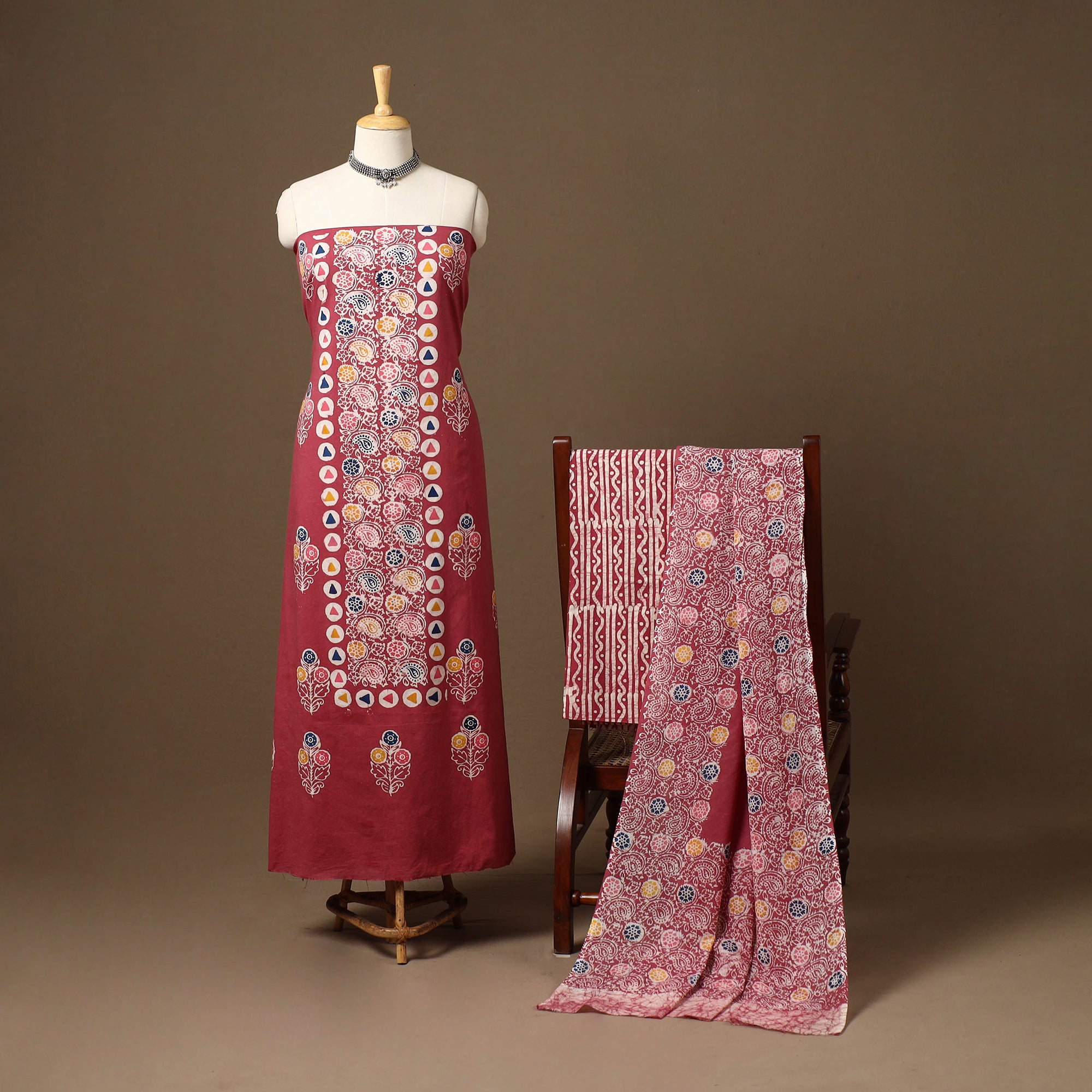 Maroon 3pc Cotton Indonesian Batik Print Unstitched Dress Material