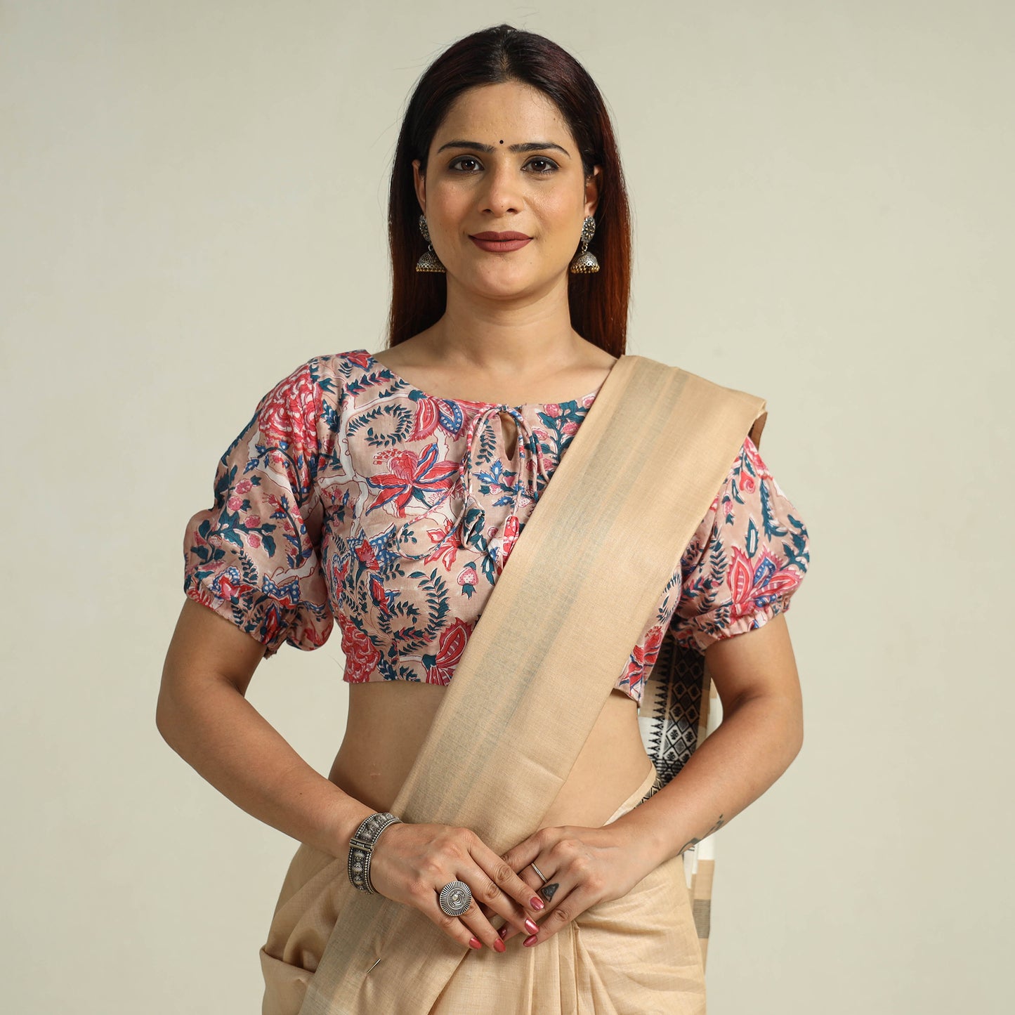 Buy Beige Sanganeri Block Printed Cotton Stitched Blouse