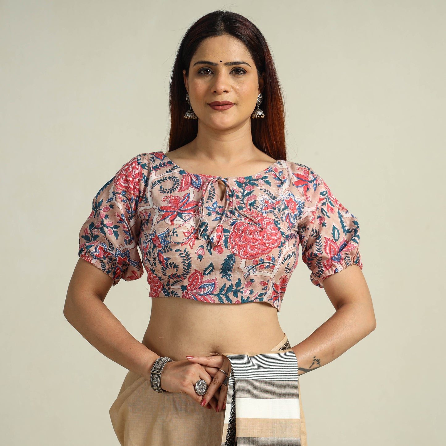 Buy Beige Sanganeri Block Printed Cotton Stitched Blouse