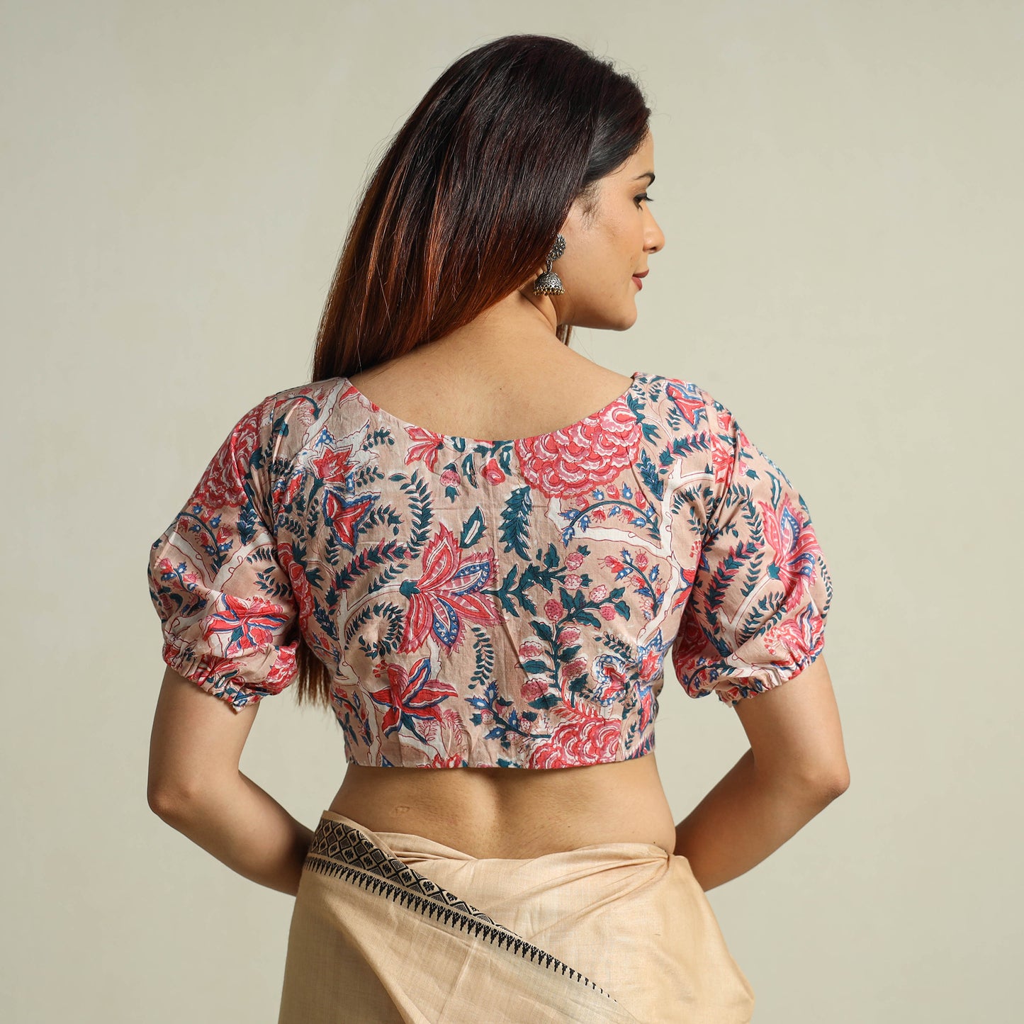 Buy Beige Sanganeri Block Printed Cotton Stitched Blouse