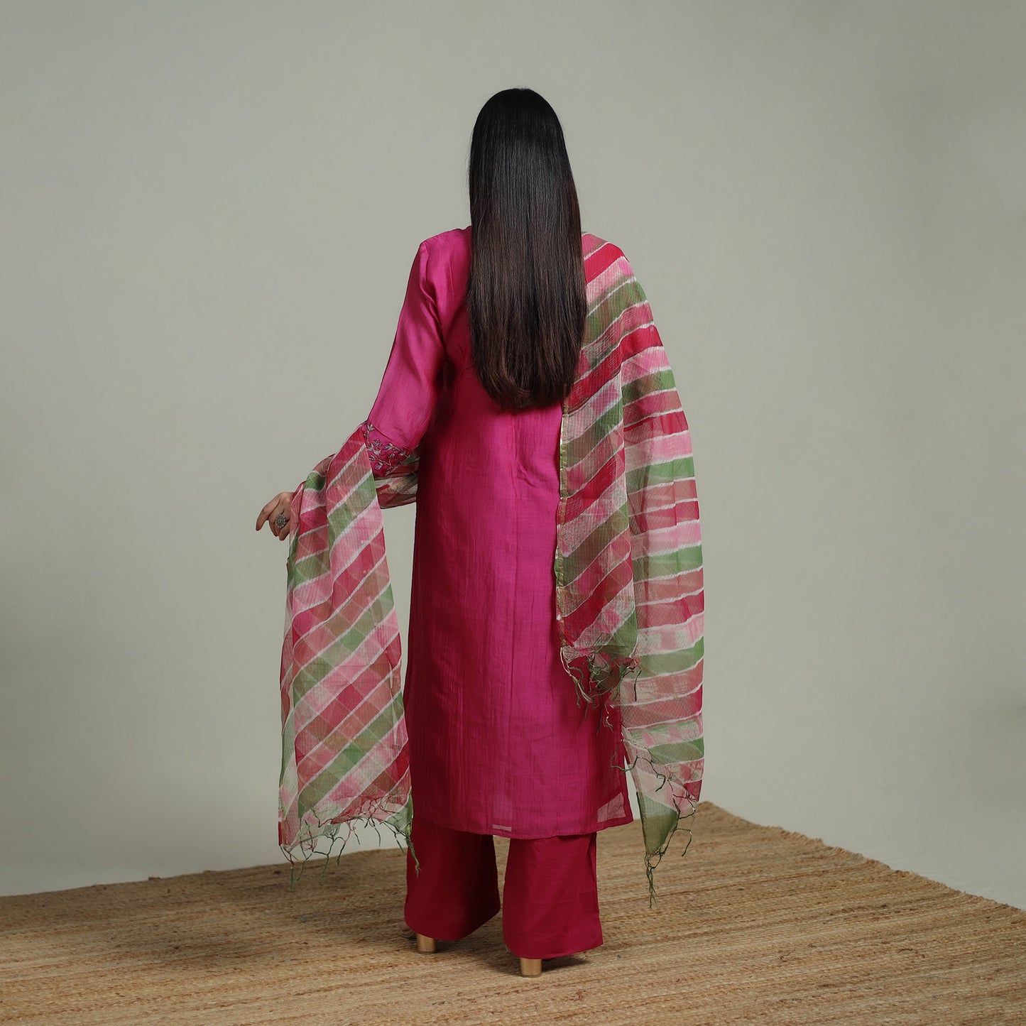 Pink - Plain Handloom Mul Chanderi Silk Hand Embroidered Suit Set with Dupatta for women 04