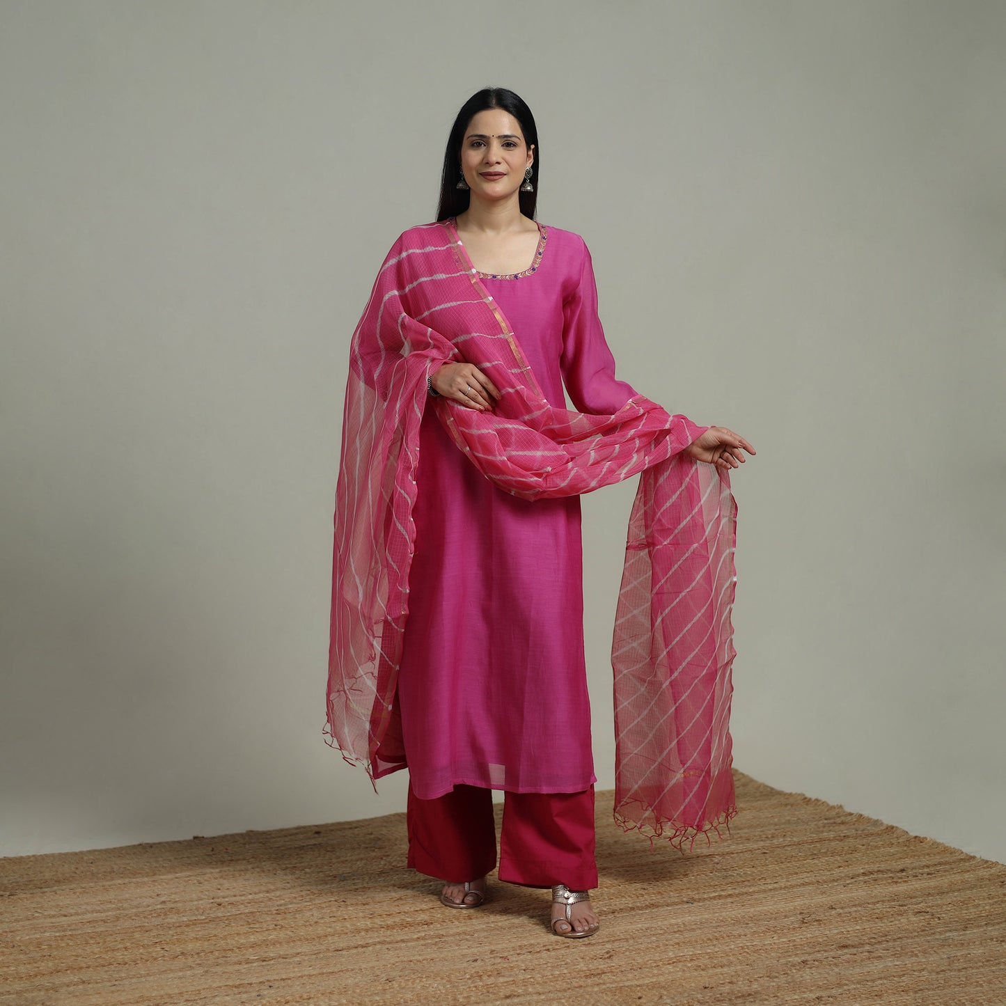 Pink - Plain Handloom Mul Chanderi Silk Hand Embroidered Suit Set with Dupatta for women 01